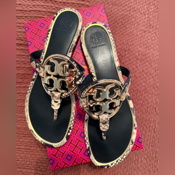 Tory Burch Metal Miller Sandals snake print black and gold size 10 - Picture 2 of 6